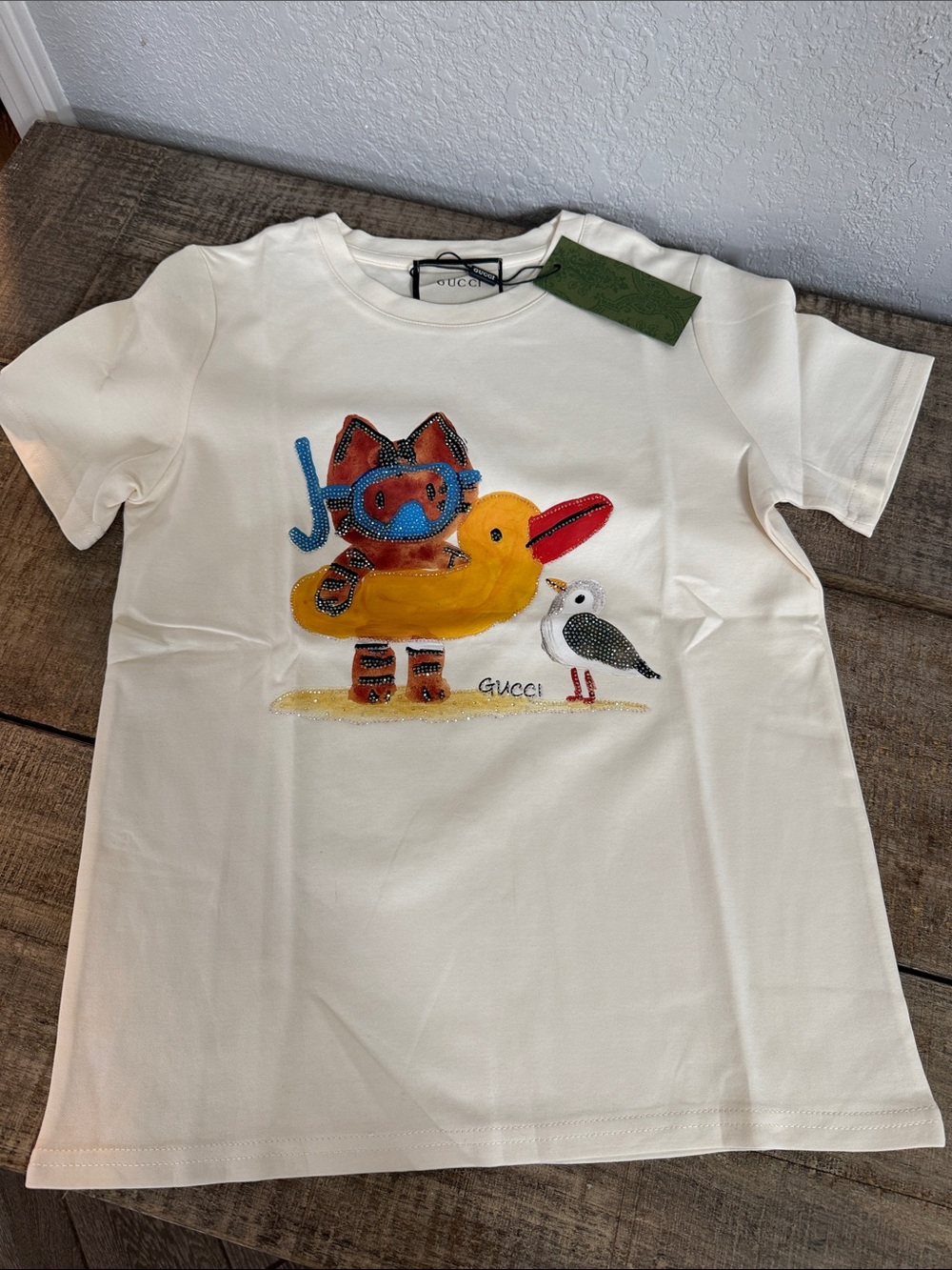 Cream Women’s Short Sleeve Tee with Colorful Duck & Cat Graphic